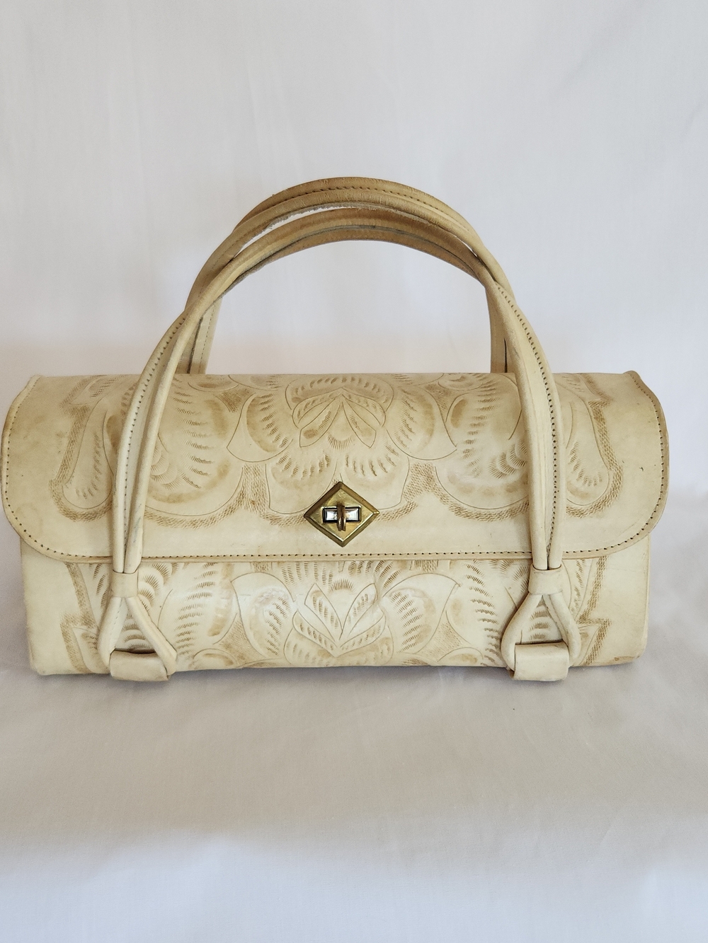 Vintage Tooled Leather Handbag Ivory Western Floral Top Handle Satchel Purse